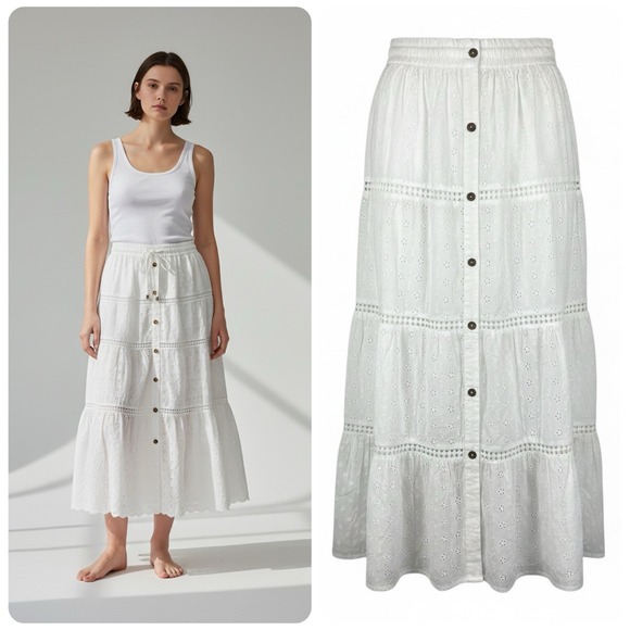 Dresses & Skirts - White Eyelet Cotton Maxi Skirt Large Tiered Layered Elastic Pull-On Cottagecore